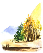 Abstract Watercolor Landscape Of Autumn In Mountains. Bushes With Golden Leaves In Front Of Yellow High Hill And Dim Mountains In Distance. Hand Drawn Blurry Illustration Of Mellow Autumn