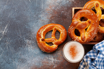 Wall Mural - Lager beer mug and fresh baked homemade pretzel