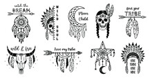 Set Of Tribal Silhouette Designs. Native American Monochrome Signs With Inspirational Quotes. Ethnic Wild West Collection. Traditional Indian Symbols. Boho Style Print For Posters, Card, Tshirt.
