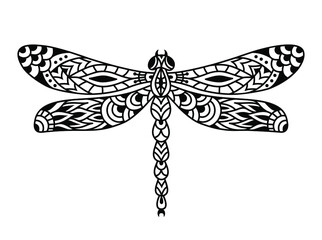 Wall Mural - dragonfly mandala. vector silhouette illustration. monochrome zentangle dragonfly sign. linear art p