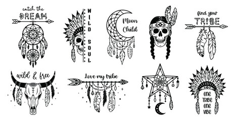 Wall Mural - Set of tribal silhouette designs. Native american monochrome signs with inspirational quotes. Ethnic wild west collection. Traditional indian symbols. Boho style print for posters, card, tshirt.