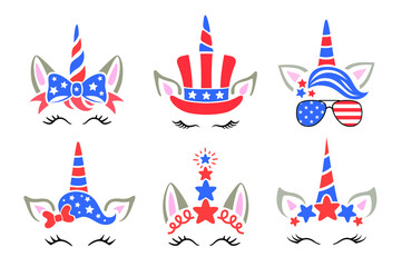 Wall Mural - 4th of july holiday design with patriopic unicorn head. Independence day card in national colors with stripes and stars. Symbols of the USA. American National Day. Vector kids illustration.