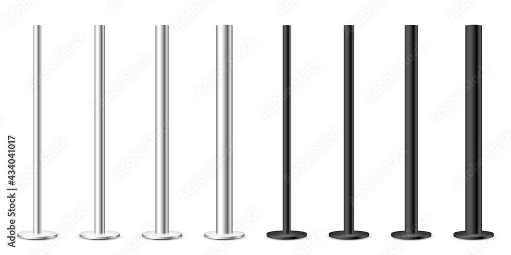 Realistic metal poles collection isolated on white background. Glossy steel pipes of various diameters. Billboard or advertising banner mount, holder. Vector illustration. - obrazy, fototapety, plakaty 
