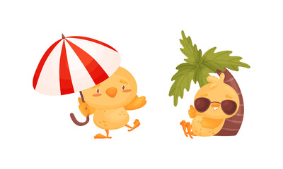 Poster - Cartoon Yellow Chicken Walking with Umbrella and Sunbathing Under Palm Tree Vector Set