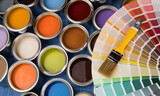 Fototapeta  - Open paint cans with a brush, Rainbow colors