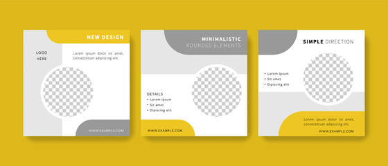 Simple elegant editable social media layouts with yellow and grey accent, square graphic banners for instagram and facebook, real estate graphic templates for agents