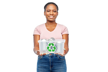 Sticker - metal recycling, waste sorting and sustainability concept - happy african american woman holding plastic box with tin cans over white background