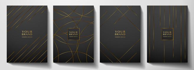 Wall Mural - Modern black cover design set. Luxury dynamic gold circle, line pattern. Creative premium stripe vector background for business catalog, brochure cover template, notebook, invite
