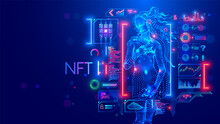 NFT Token In Artwork. Blockchain Technology In Digital Crypto Art, Computer Illustration, Design. Create ERC20 Of Collectibles. Investment In Cryptographic. Birth Of Venus. Conceptual Banner.