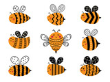 Fototapeta  - Flying Bee doodle cute cartoon bumblebee set