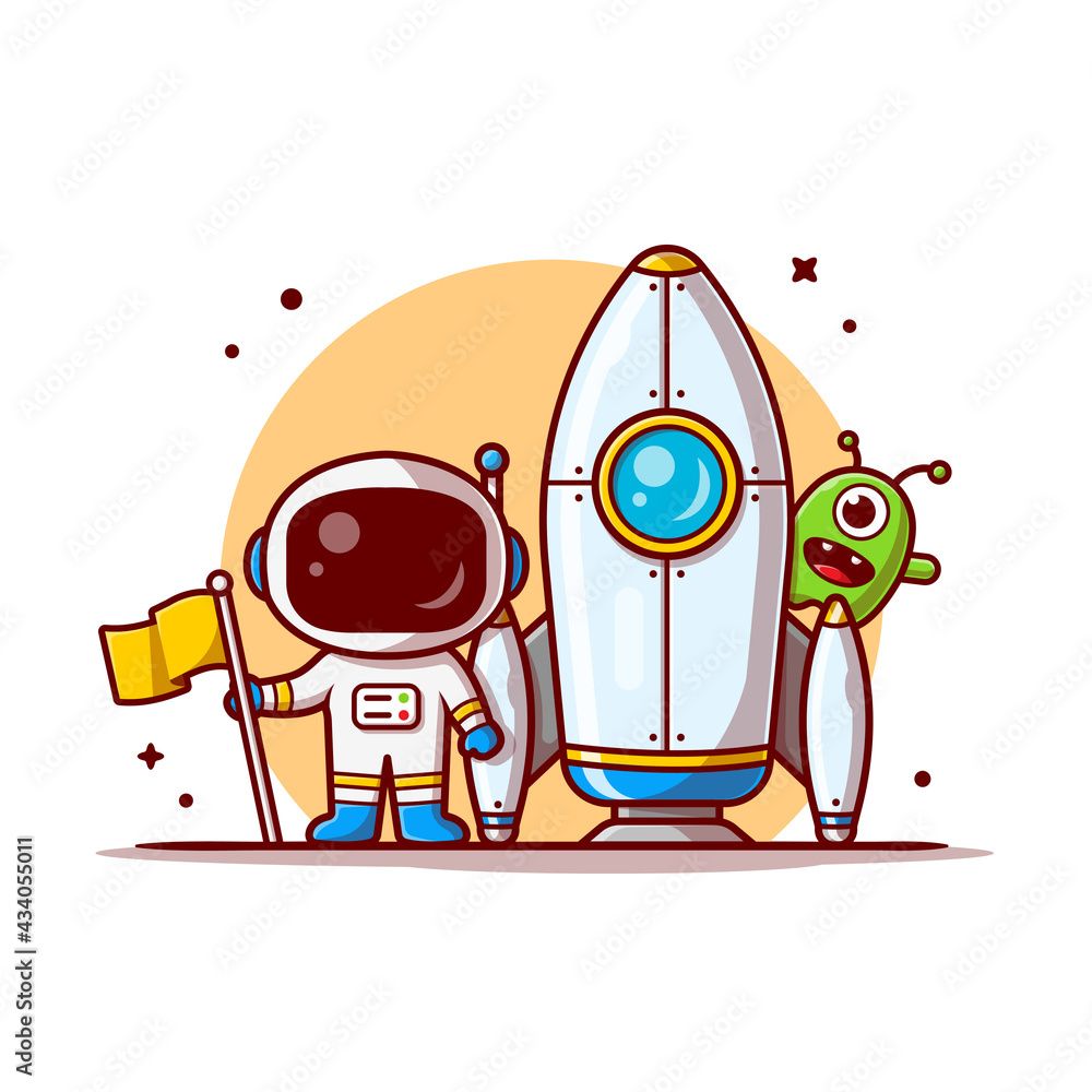 Cute Astronaut Standing Holding Flag with Rocket and Cute Alien Space ...
