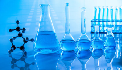 Laboratory beakers,Science experiment, blue background