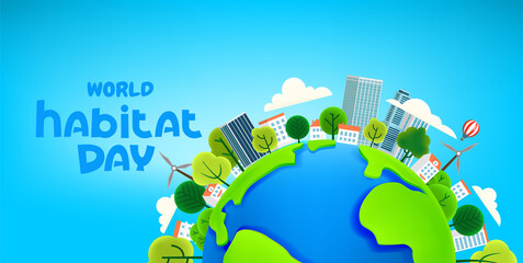 Poster - World habitat day. Cartoon style 3d horizontal illustration. Plasticine effect