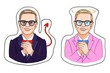 Good and bad guy. Cartoon nimb angel and demon man character. Two businessman true and false mood stickers.