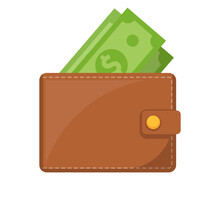 Wallet Icon. Brown Wallet With Green Paper Money. Wallet With Money Dollar Bank Note. Vector Illustration.