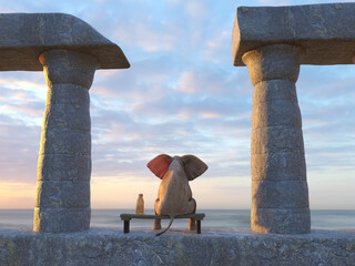 Wall Mural - elephant and dog sit on the ruins of an ancient city 