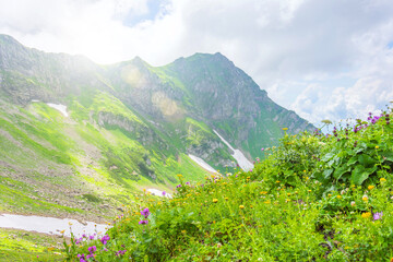 Wall Mural - Landscape view with impressive rocky mountains, green meadows of blooming flowers, summer white clouds and deep valleys. Located in a natural park.