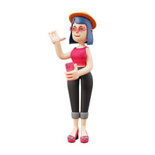 3D Cute Lady Picture Holding A Pink Cell Phone