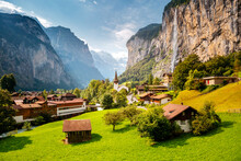 Summer View Of Alpine Valley Of Lauterbrunnen. Location Place Swiss Alp, Europe.