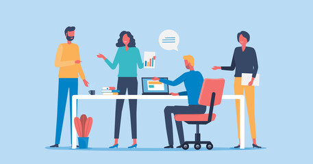 Poster - flat vector  illustration group business team meeting conference and brainstorming for working concept