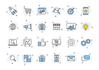 set of 24 digital marketing web icons in line style. social, networks, feedback, communication, mark