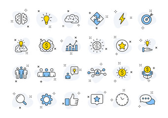 Set of 24 Creativity and Idea web icons in line style. Creativity, Finding solution, Brainstorming, Creative thinking, Brain. Vector illustration.