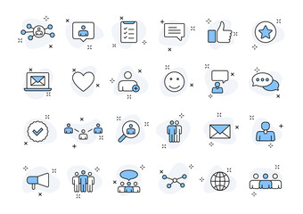 Set of 24 Refer a friend icons in line style. Referral program, marketing, invite friends. Vector illustration.