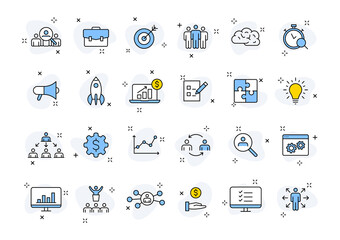 Set of 24 Management web icons in line style. Media, teamwork, business, planning, strategy, marketing. Vector illustration.