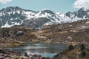 Beautiful view hiking in the Andorra Pyrenees Mountains in Ordino, near the Lakes of Tristaina