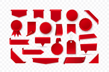 Wall Mural - set of red blank ribbons, tags, badges and labels isolated on checkered background. vector illustrat