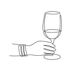 Wall Mural - Hand and glass of drink wine outline. Black continuous line. Vector illustration