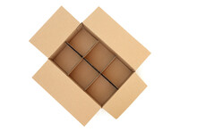 Brown Cardboard Box With Six Compartments For Packaging & Delivery On White Background. Top View.