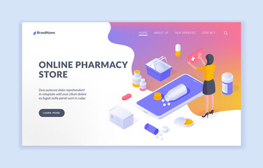 Wall Mural - Online pharmacy store. Isometric design of web page with woman using online app to buy drugs online in pharmacy store with medical icons. Landing page template.