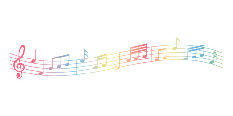 Sticker - vector sheet music - rainbow colored musical notes melody on white background