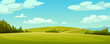 Green fields landscape, rural hills, pasture grass, meadows and trees, blue sky on background. Vector grassland, country agriculture, farmland. Ecology environment panorama, summer spring nature