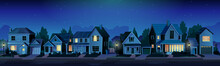 Urban Or Suburban Neighborhood At Night, Houses With Lights, Late Evening Or Midnight. Vector Homes With Garages,trees And Driveway. Suburb Village Landscape With Cottage Buildings, Street Lamps