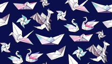 Seamless Pattern With Hand Drawn Origami Cranes, Swangs, Boats, Pinwheels, Dragons Isolated On Dark Background. Vector Sketch Childish Illustration In Watercolor Style. Endless Texture For Kids Design