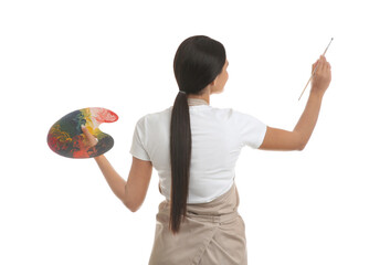 Wall Mural - Young woman drawing with brush on white background, back view