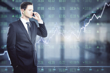 Sticker - Stock market concept with trader talking to mobile phone on digital wall background with financial chart graphs, diagram and quotes.