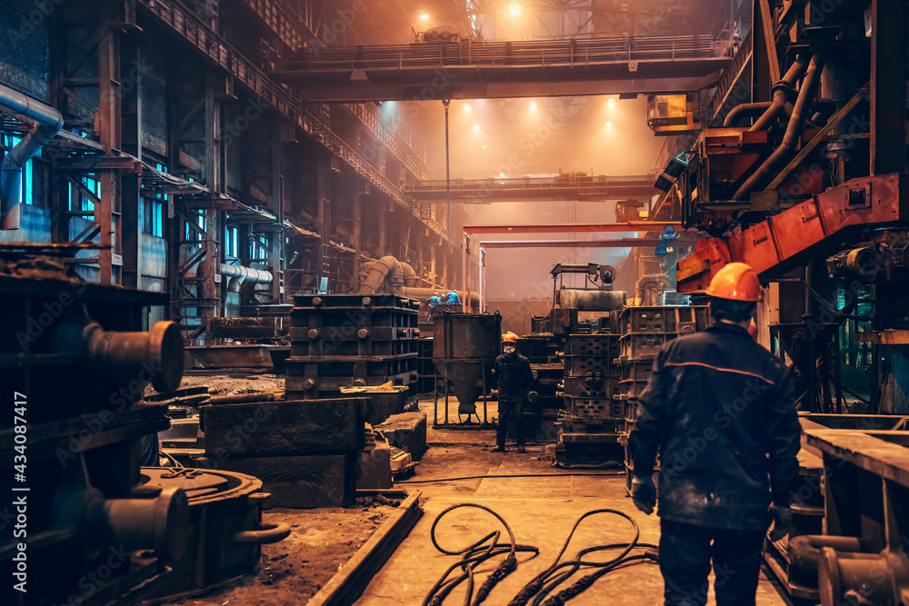 Industrial interior metallurgical factory foundry inside, heavy industry, large workshop metalwork manufacturing, iron casting in molds. - obrazy, fototapety, plakaty 
