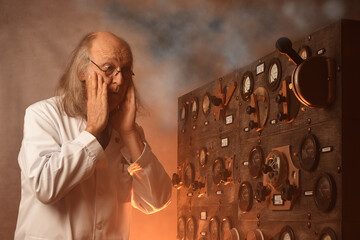 Wall Mural - Portrait of a scientist working in its laboratory, doing a physics experiment, with some vintage instruments