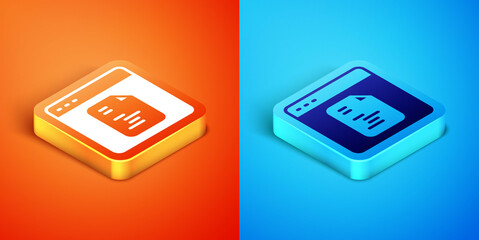 Isometric Software, web developer programming code icon isolated on orange and blue background. Javascript computer script random parts of program code. Vector