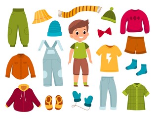 Boy clothes. Young modern child with apparel around, different seasons casual wear, character with jeans, shirts, trousers and overalls. Childhood fashion collection. Vector cartoon set