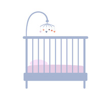 Baby Crib Icon In Pastel Vintage Colors. Furniture For A Newborn, A Crib In A Nursery. Flat Clipart Isolated On White Background.