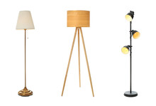 Set With Different Stylish Floor Lamps On White Background