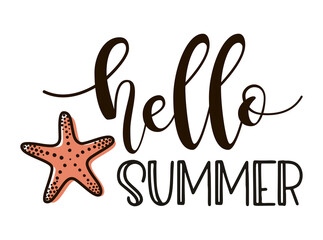 Wall Mural - Hello Summer Lettering with starfish. Vector Illustration