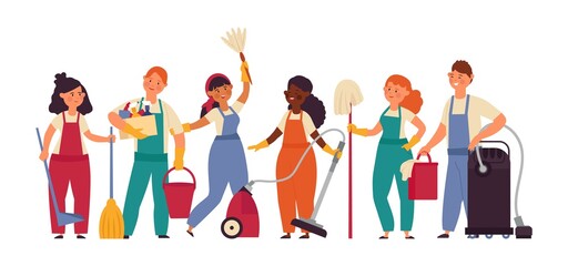 Sticker - Cleaning team. Person in uniform, flat woman cleaner with bucket. Isolated professional service employees with equipment decent vector concept