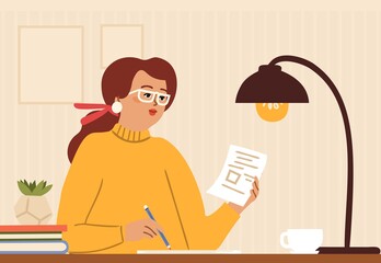 Wall Mural - Girl diary. Woman write journal, journalist or teacher. Student studying with abstract or draws in cute paper notebook. Vector female character illustration