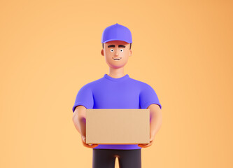 Wall Mural - Cartoon character courier man in purple form bring cardboard box over yellow background. Online shopping and delivery concept.