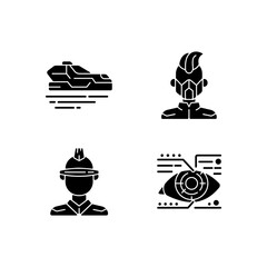 Sticker - Sci fi and cyberpunk black glyph icons set on white space. Flying car. Mask, glasses. Lens microcircuit. Cyberpunk movie, game. Futuristic technology. Silhouette symbols. Vector isolated illustration